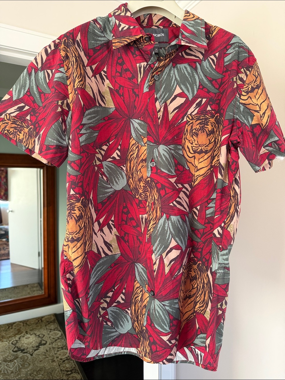 Bonobos Red Tropical Tiger Print Short Sleeve Button-Up Shirt size  M slim fit